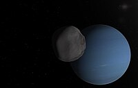 A simulated view of Proteus orbiting Neptune