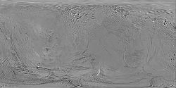 Mappa topografica di Encelado. Proiezione equirettangolare. Area rappresentata: 90°N-90°S; 180°W-180°E.