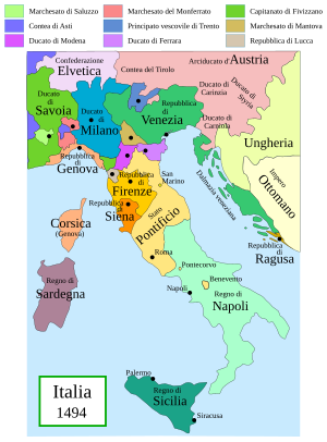 Италия в 1494 году. Лукка обозначена серым цветом, находится на северо-западе между Генуей и Флоренцией