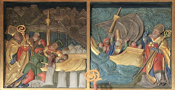 Saint Nicolas et le chargement de grain ; Saint Nicolas et le miracle de la tempête. Bas-relief de l'église Saint-Nicolas de Lesachtal, en Autriche.