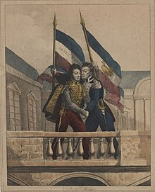 Gravure représentant La Fayette donnant l'accolade à Louis-Philippe.