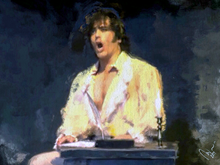 Mario Cavaradossi (po vzoru tenora Giancarlo Monsalve) zpívá „E lucevan le stelle“ na obraze Riccarda Manciho