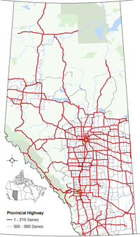 The alignments of the 1 - 216 series of highways within Alberta's provincial highway system within other base features including hydrography, national/provincial parks, cities and city equivalents, and the provincial green and white zones.