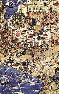 Eroberung von Tripolis 1289, Gemälde aus dem 13./14. Jhd., in der oberen Bildmitte ist die letzte Gräfin Lucia dargestellt