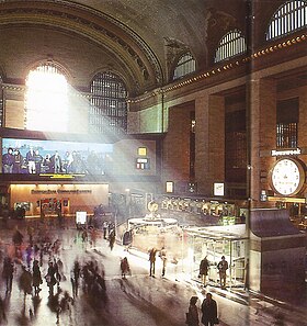 Le grand hall de Grand Central Terminal en 1986, avec en arrière-plan un Colorama