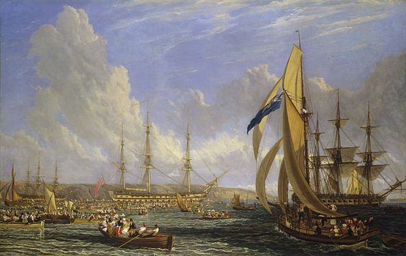 John James Chalon, Scene in Plymouth Sound in August 1815: The 'Bellerophon' with Napoleon Aboard at Plymouth (26 July - 4 August 1815), National Maritime Museum, 1816.