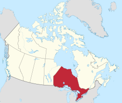 Map showing Ontario's location east/central of Canada.