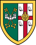 Per pale vert and argent, to the dexter two keys in saltire or surmounted by a triple towered castle argent masoned sable and on the sinister a cross gules surmounted by a mitre or between four martlets sable, the whole within a bordure or.