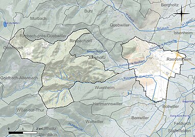 Carte en couleur présentant le réseau hydrographique de la commune