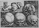 Engraving: Dead Child with Four Skulls