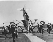 LT John S. Thach tipped this F2A-1 onto its nose on Saratoga (CV-3) in March 1940.