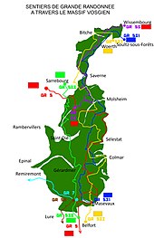 Croquis en couleur représentant les chemins de grande randonnée dans le massif des Vosges