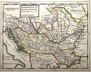 Țările croate (Dalmația, Slavonia și centrul Croației) sunt ușor de recunoscut în partea stângă a acestei hărți englezești de la 1726; teritoriul marcat „Romania” e, de fapt, Rumelia.