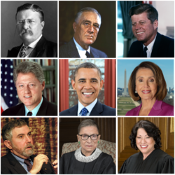 这是一幅美国著名自由主义者的拼贴画。从左到右，从上到下依次是：西奥多·罗斯福、富兰克林·德拉诺·罗斯福、约翰·肯尼迪、比尔·克林顿、贝拉克·奥巴马、南希·佩洛西、保罗·克鲁曼、露絲·貝德·金斯堡、索尼娅·索托马约尔
