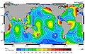 Map showing relative tidal magnitudes of different ocean areas