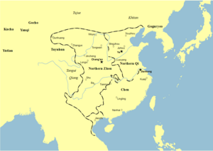 Государство Поздняя Лян (на западе) и её соседи.