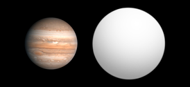 Сравнение размеров HD 209458 b с Юпитером (слева)