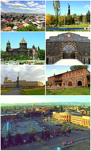 Od zgoraj levo: Gjumri;• Mati Armenija] Stolnica Matere božje;• Trdnjava Sev Berd Trg neodvisnosti;• Dzitoghcjanov muzej Vartanancov trg in mestna hiša
