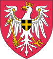 Blason en couleurs représentant un aigle blanc ceint d'une couronne et portant sceptre, sur fond rouge.