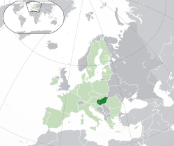 Vị trí của Hungary (xanh đậm) – ở châu Âu (xanh & xám đậm) – trong Liên minh Châu Âu (xanh)  –  [Chú giải]
