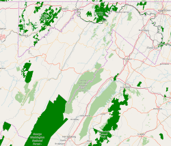 A county map of the U.S. state of West Virginia with the location of Hebron Church highlighted with a red dot