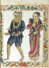 Tagalog couple from the Boxer Codex (c. 1590), the woman is wearing an alampay around her shoulders, the precursor to the pañuelo and the Manila shawl