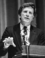 Black-and-white photograph of the Colorado senator Gary Hart speaking at a lectern