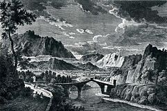 Riu Llobregat, pont del Diable i Montserrat, gravat de 1805 al Voyage pittoresque....