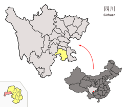 Location of Pingshan County (red) within Yibin City (yellow) and Sichuan