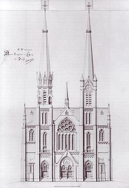 Ontwerptekening van Evert Margry uit 1874. Op deze tekening van de voorgevel is duidelijk te zien dat de linker toren is geïnspireerd op de toren van de Nieuwe Kerk, en de rechter op die van de Oude Kerk.