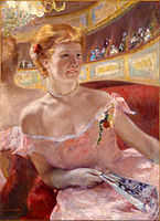 Vrouw met parelketting in een loge (1893-1894), door de Amerikaanse Mary Cassatt, een der eerste vrouwelijke impressionisten.