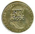 Munita Spanjola ta' 8 reales (1820) kontromarkata "5 franki Obock" matul il-bidu tal-preżenza Franċiża fir-reġjun (1880s).
