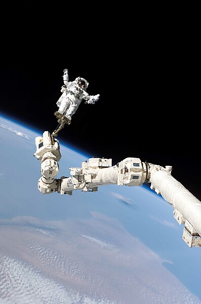 宇航员斯蒂芬·罗宾逊在STS-114任务期间固定在移动维修系统（MSS）的底部。