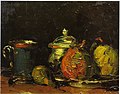 Paul Cézanne: Zuckerdose, Birnen und blaue Tasse.