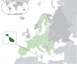 Ibùdó ilẹ̀  Máltà  (dark green) – on the European continent  (light green & dark gray) – in the European Union  (light green)  —  [Legend]