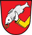 Gemeinde Schonstett In Rot ein links hervorbrechender, golden bekleideter Arm, einen mit dem Kopf nach unten schräglinks gestellten silbernen Fisch haltend, aus dessen Maul ein goldener Ring mit einem grünen Stein herabhängt.