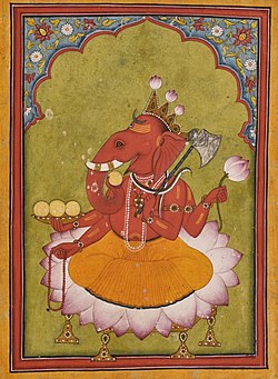 Attired in an orange dhoti, an elephant-headed man sits on a large lotus. His body is red in colour and he wears various golden necklaces and bracelets and a snake around his neck. On the three points of his crown, budding lotuses have been fixed. He holds in his two right hands the rosary (lower hand) and a cup filled with three modakas (round yellow sweets), a fourth modaka held by the curving trunk is just about to be tasted. In his two left hands, he holds a lotus above and an axe below, with its handle leaning against his shoulder.