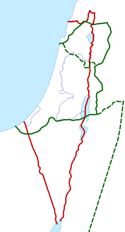                      Hangganan ng Syria Palaestina                     Hangganan sa pagitan ng Palaestina Prima (na naging Jund Filastin) at Palaestina Secunda (na naging Jund al-Urdunn)                     Mga hangganan ng Mandato ng Palestina sa pagitan ng 1920 at 1948                     Mga hangganan sa pagitan ng Estado ng Palestina at ng Israel (i.e. Kanlurang Pampang at Piraso ng Gaza)