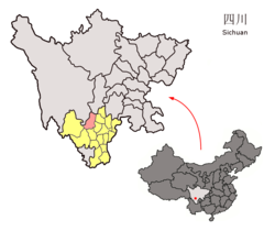 Location of Mianning County (red) within Liangshan Prefecture (yellow) and Sichuan