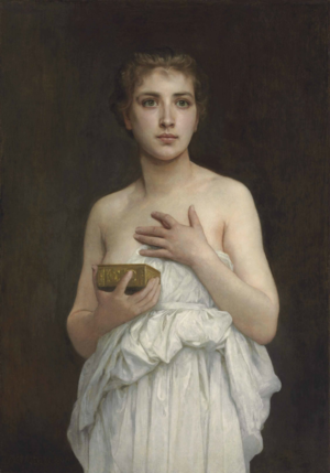 "פנדורה", ציור מעשה ידי ויליאם אדולף בוגרו: דמות אישה לבושה טוגה המחזיקה קופסת זהב בידה