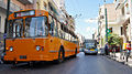 Image 9A ZiU-9 trolleybus in service in Piraeus, Greece, on the large Athens-area trolleybus system. The Russian-built ZiU-9 (also known as the ZiU-682), introduced in 1972, is the most numerous trolleybus model in history, with more than 45,000 built. In the 2000s it was effectively rendered obsolete by low-floor designs. (from Trolleybus)