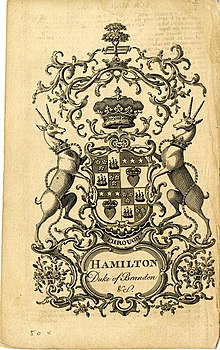 Bookplate showing an early coat of arms for the Duke of Hamilton and Brandon