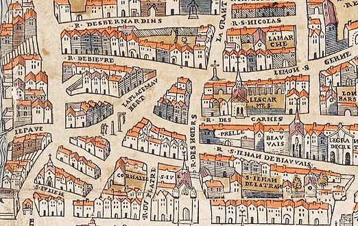 Rue de Bièvre (R.DEBIEVRE), partie haute et senestre de l'image, sur le plan de Truschet et Hoyau (1550).