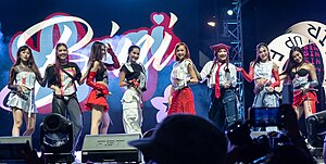 Bini at Pop Rising: UP Fair 2024 (left to right): Maloi, Mikha, Stacey, Sheena, Gwen, Colet, Jhoanna, and Aiah