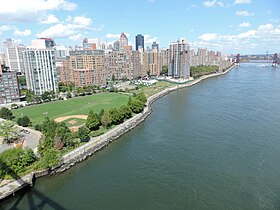 Vue sur l'est de Roosevelt Island vers l'amont du pont de Queensboro (au fond, à droite, le Roosevelt Island Bridge).