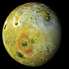 Colour image of Io's trailing hemisphere, highlighting the large red ring around the volcano Pele on Io