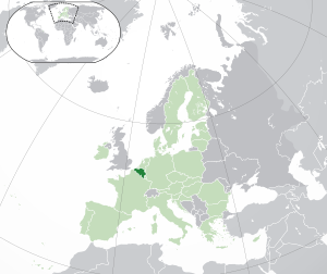 Расположение Бельгии (тёмно-зелёный): — в Европе (светло-зелёный и тёмно-серый) — в Европейском союзе (светло-зелёный)
