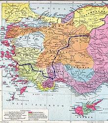 A color map centered on western Asia Minor/Turkey. The provinces are marked in different colors and lines with arrows at their end indicate the cities Vulso passed by on his march