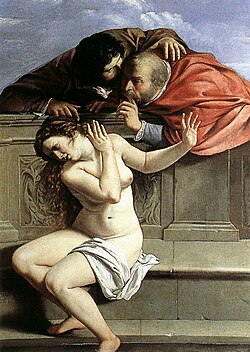 Artwork depicting a nude woman in an ancient public baths distressed by two older men watching her