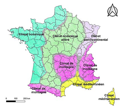Mapa de la tipologia climàtica de la França metropolitana en 5 zones climàtiques establertes per Météo-France el 2020
